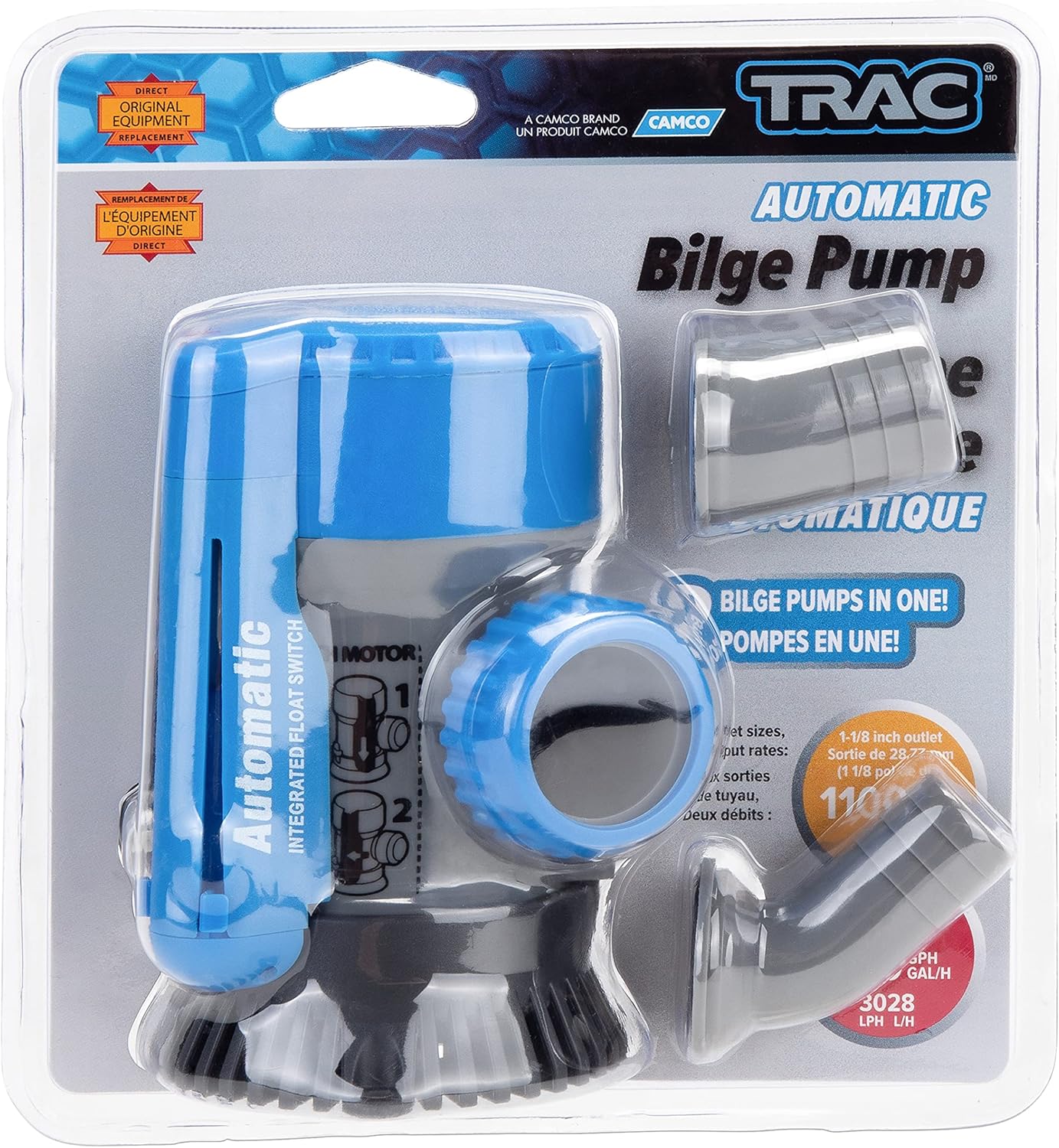TRAC-Outdoor Products Automatic Bilge Pump, 800/1100 GPH, 3/4" & 1-1/8" Outlet
