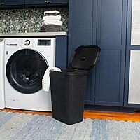 Mind Reader 60L Slim Laundry Hamper, Clothes Basket, Lid, Linen Design, Plastic, Black
