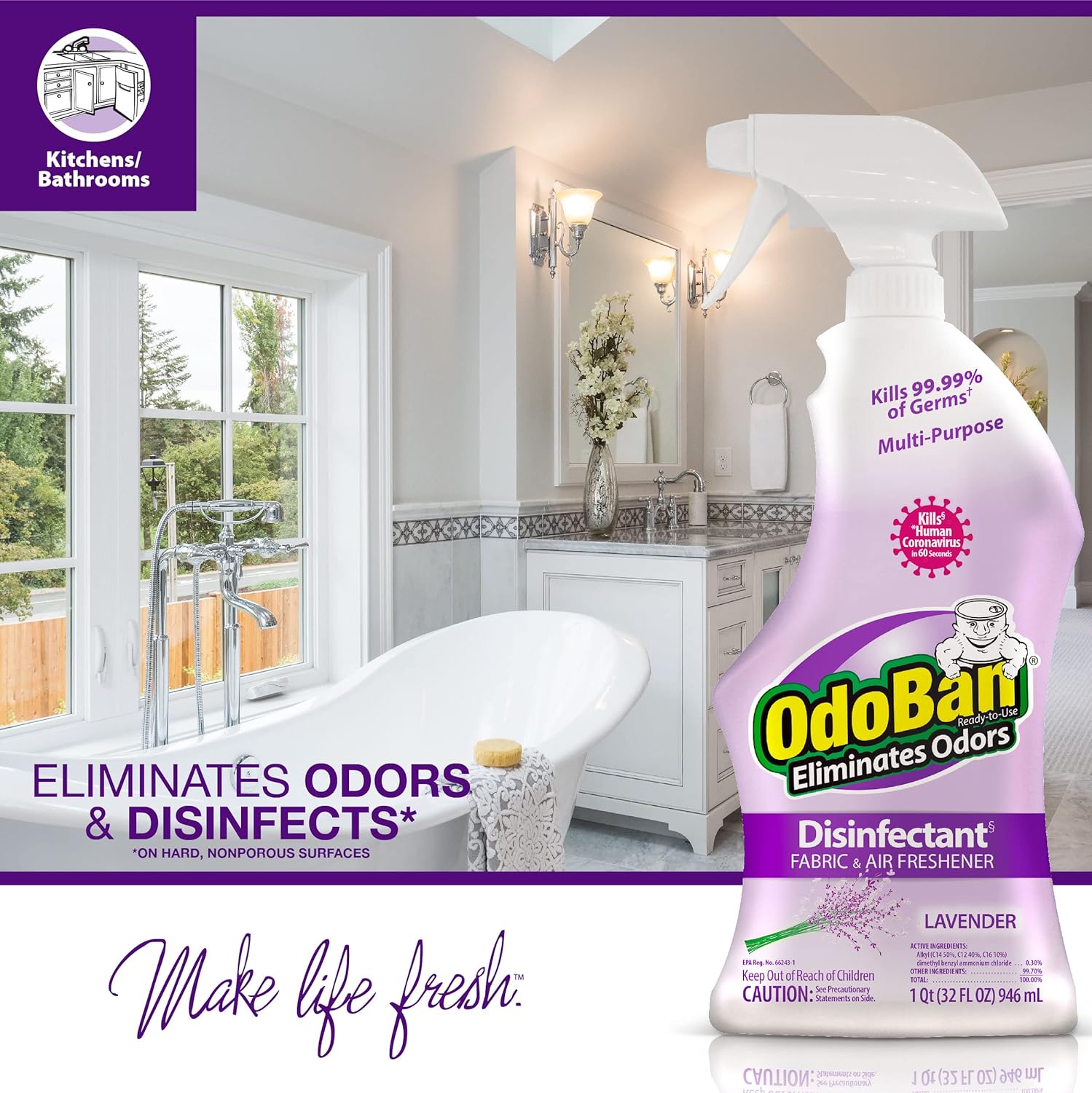 OdoBan Ready-to-Use Disinfectant and Odor Eliminator, Lavender Scent, 32 Ounce Spray Bottle
