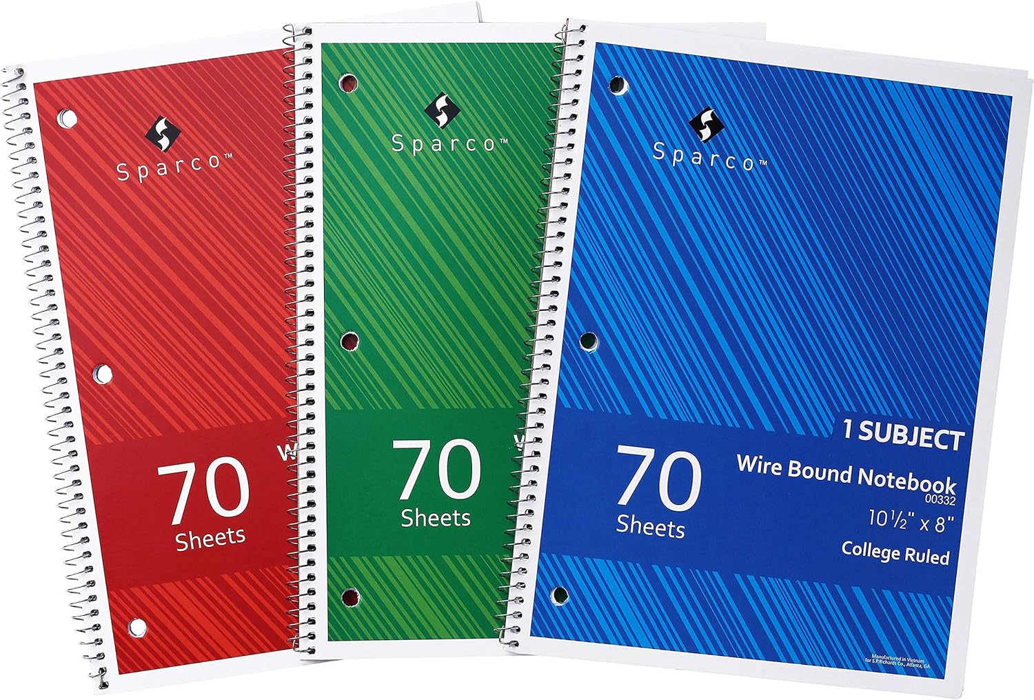 Sparco Wirebound Notebooks, 8in x 10 1/2in, College Ruled, 70 Sheets, Assorted Colors, Pack Of 3