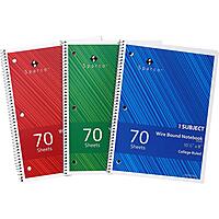 Sparco Wirebound Notebooks, 8in x 10 1/2in, College Ruled, 70 Sheets, Assorted Colors, Pack Of 3