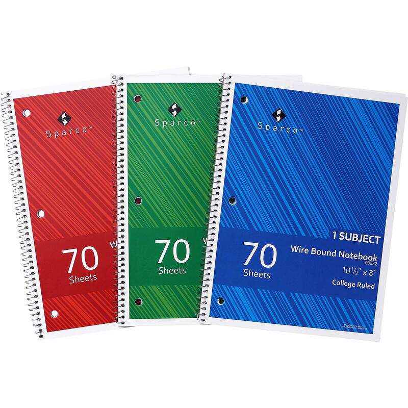 Sparco Wirebound Notebooks, 8in x 10 1/2in, College Ruled, 70 Sheets, Assorted Colors, Pack Of 3