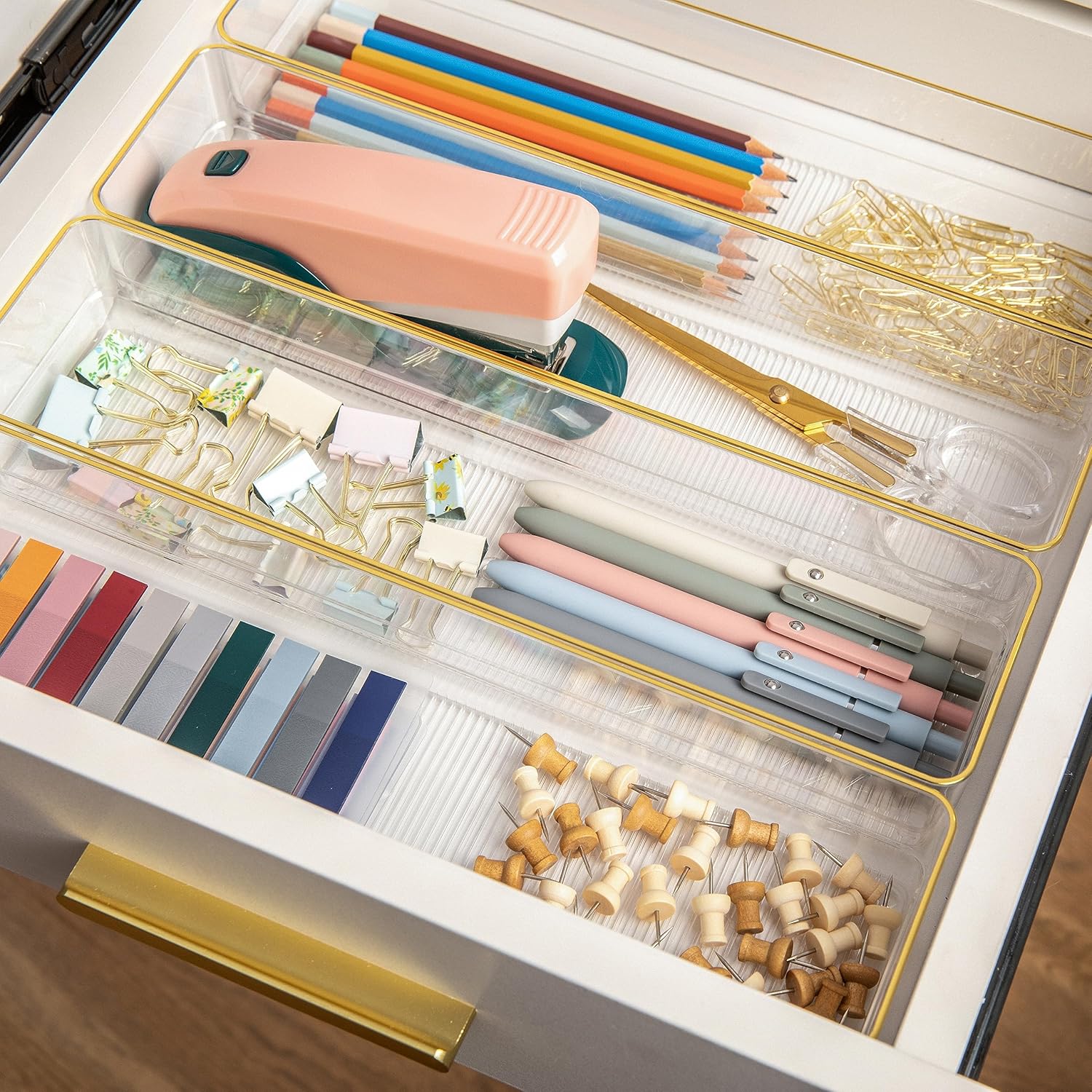 Martha Stewart Kerry Plastic Stackable Office Desk Drawer Organizers with Gold Trim