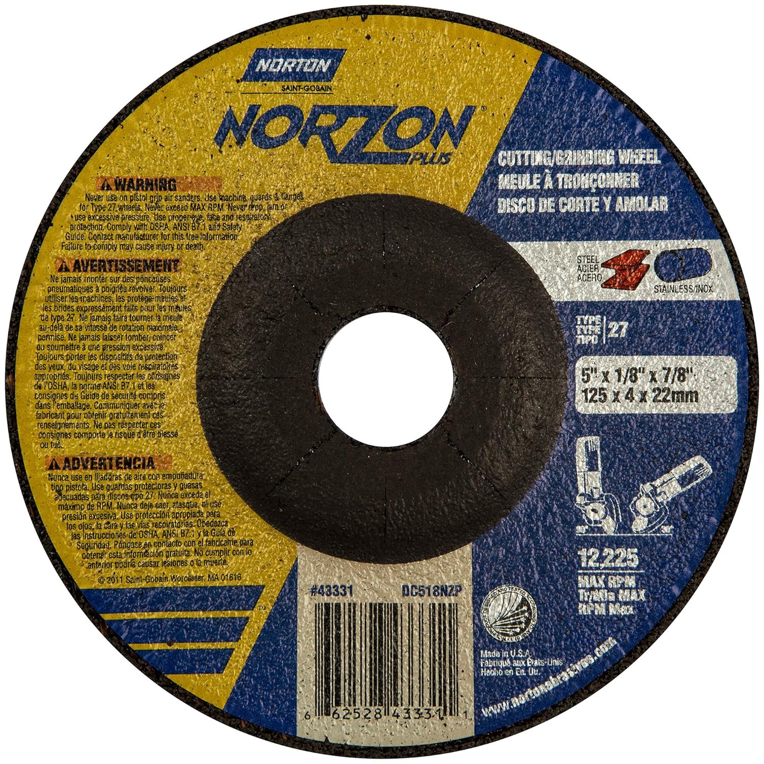 Norton NorZon Plus Depressed Center Abrasive Wheel, Type 27, Zirconia Alumina, 7/8" Arbor
