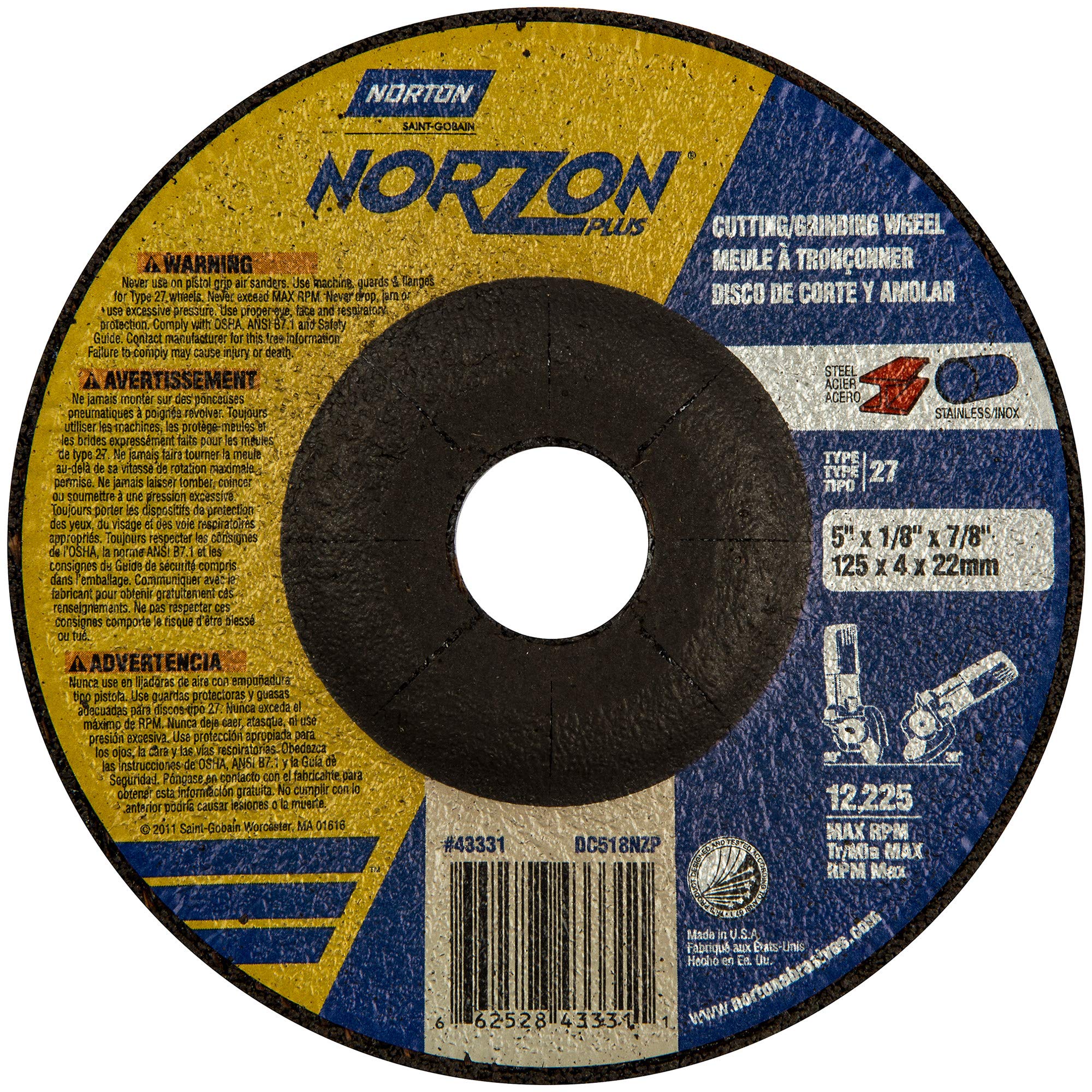 Norton NorZon Plus Depressed Center Abrasive Wheel, Type 27, Zirconia Alumina, 7/8" Arbor
