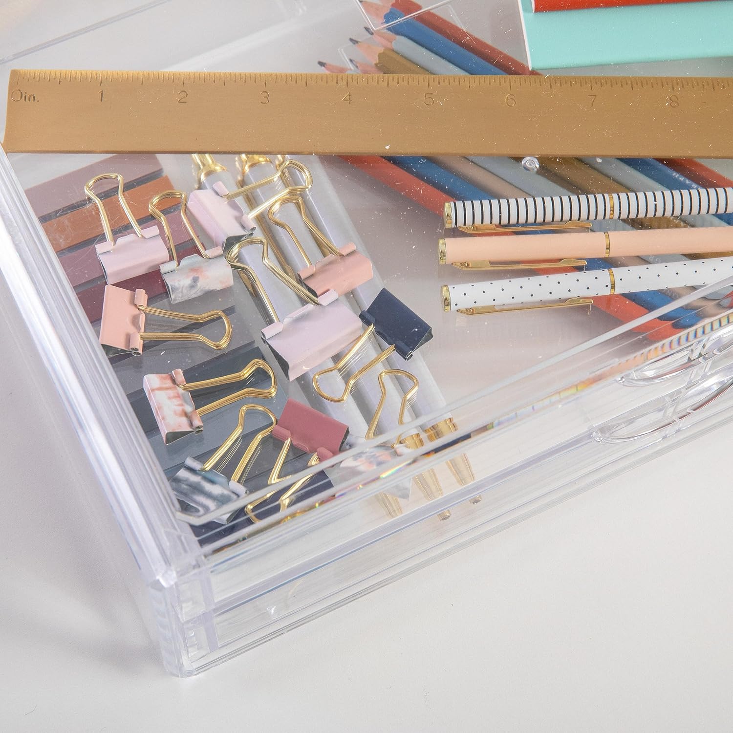 Martha Stewart Brody Desk Organizer with Drawers, Stackable Plastic Storage Box