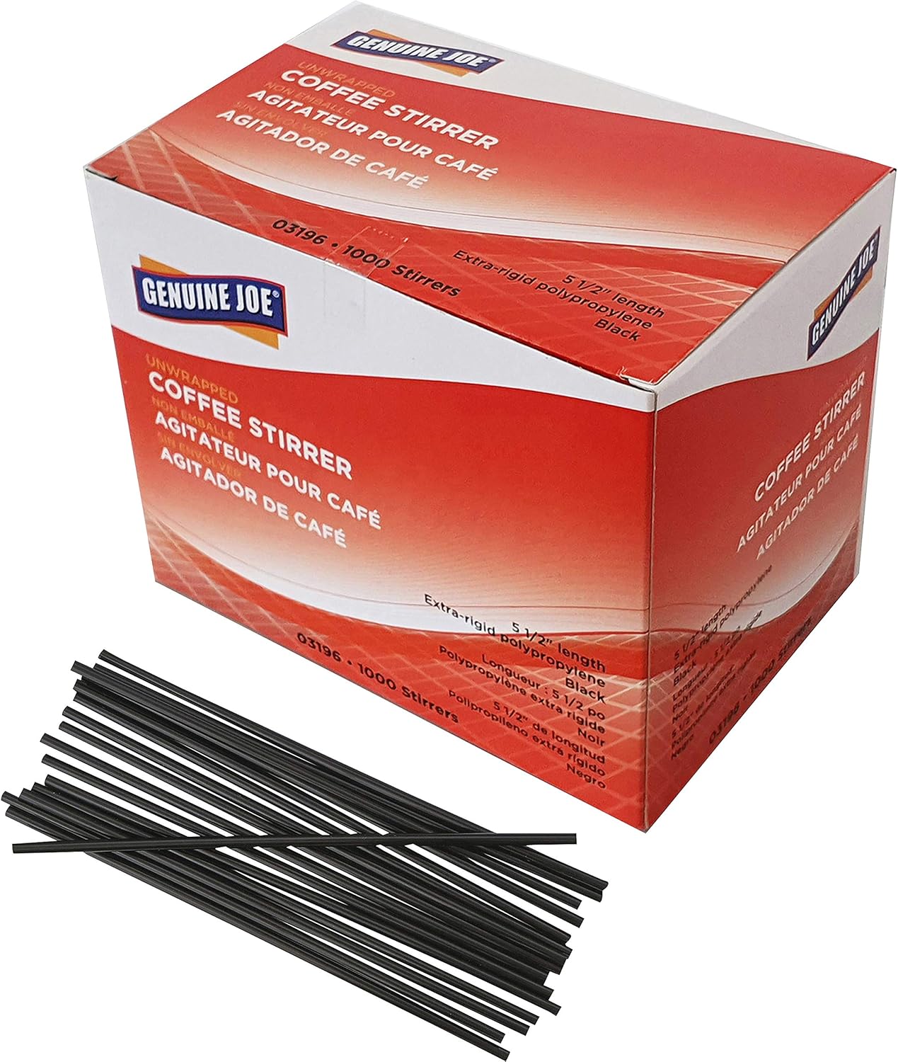Genuine Joe Plastic Stirrers - 5.5in Length - Plastic, Polypropylene - Black - 1000 / Box