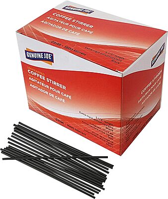 Genuine Joe Plastic Stirrers - 5.5in Length - Plastic, Polypropylene - Black - 1000 / Box