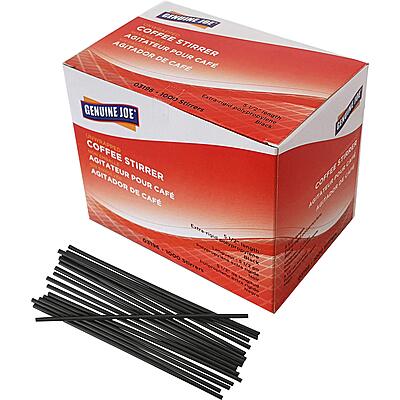 Genuine Joe Plastic Stirrers - 5.5in Length - Plastic, Polypropylene - Black - 1000 / Box
