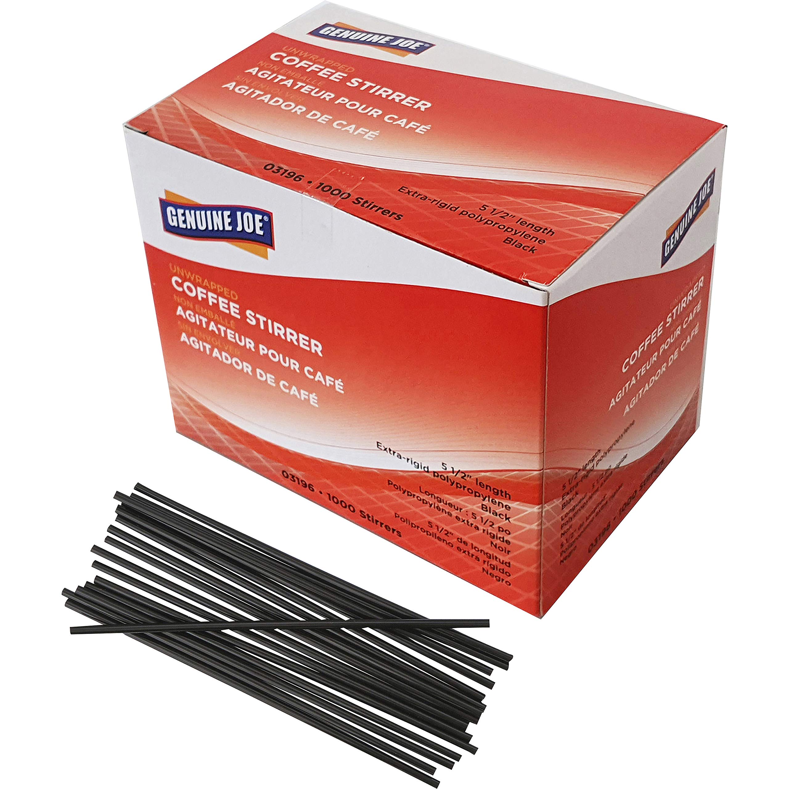 Genuine Joe Plastic Stirrers - 5.5in Length - Plastic, Polypropylene - Black - 1000 / Box