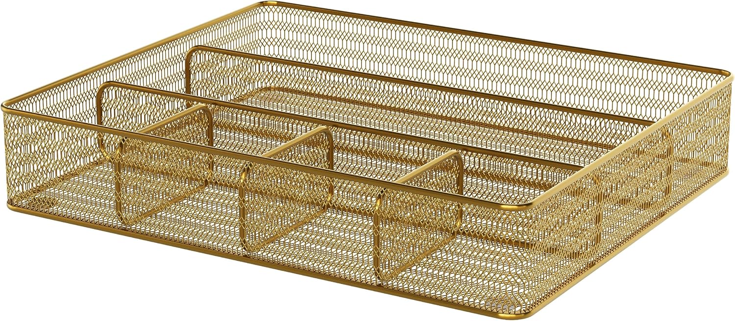Martha Stewart Ryder Mesh Metal 6-Compartment Larger Desk Drawer Organizer, 2-1/4inH x 14-3/4inW x 12-1/4inD, Gold