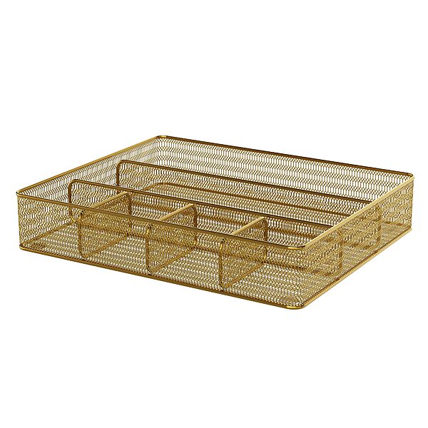 Martha Stewart Ryder Mesh Metal 6-Compartment Larger Desk Drawer Organizer, 2-1/4inH x 14-3/4inW x 12-1/4inD, Gold