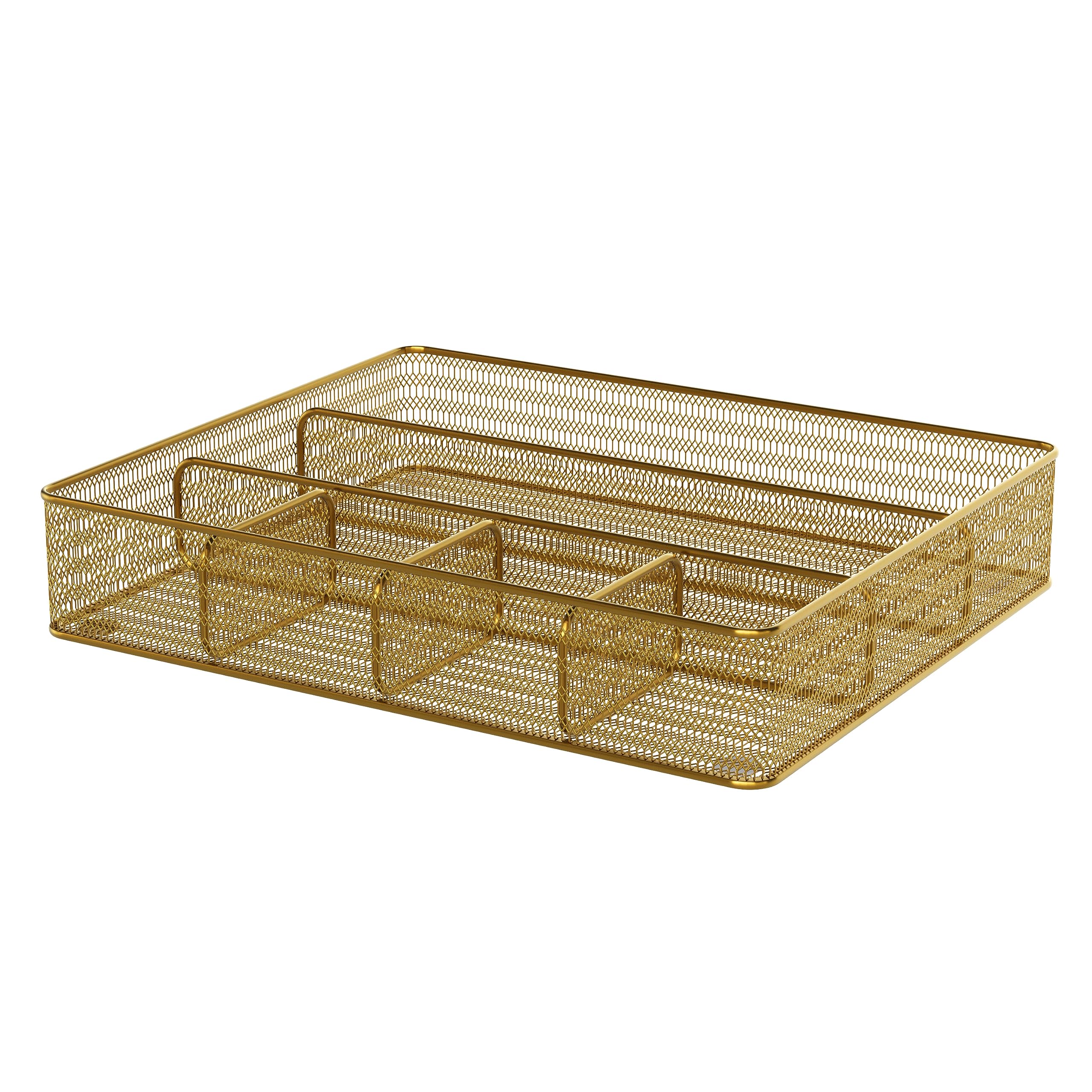Martha Stewart Ryder Mesh Metal 6-Compartment Larger Desk Drawer Organizer, 2-1/4inH x 14-3/4inW x 12-1/4inD, Gold