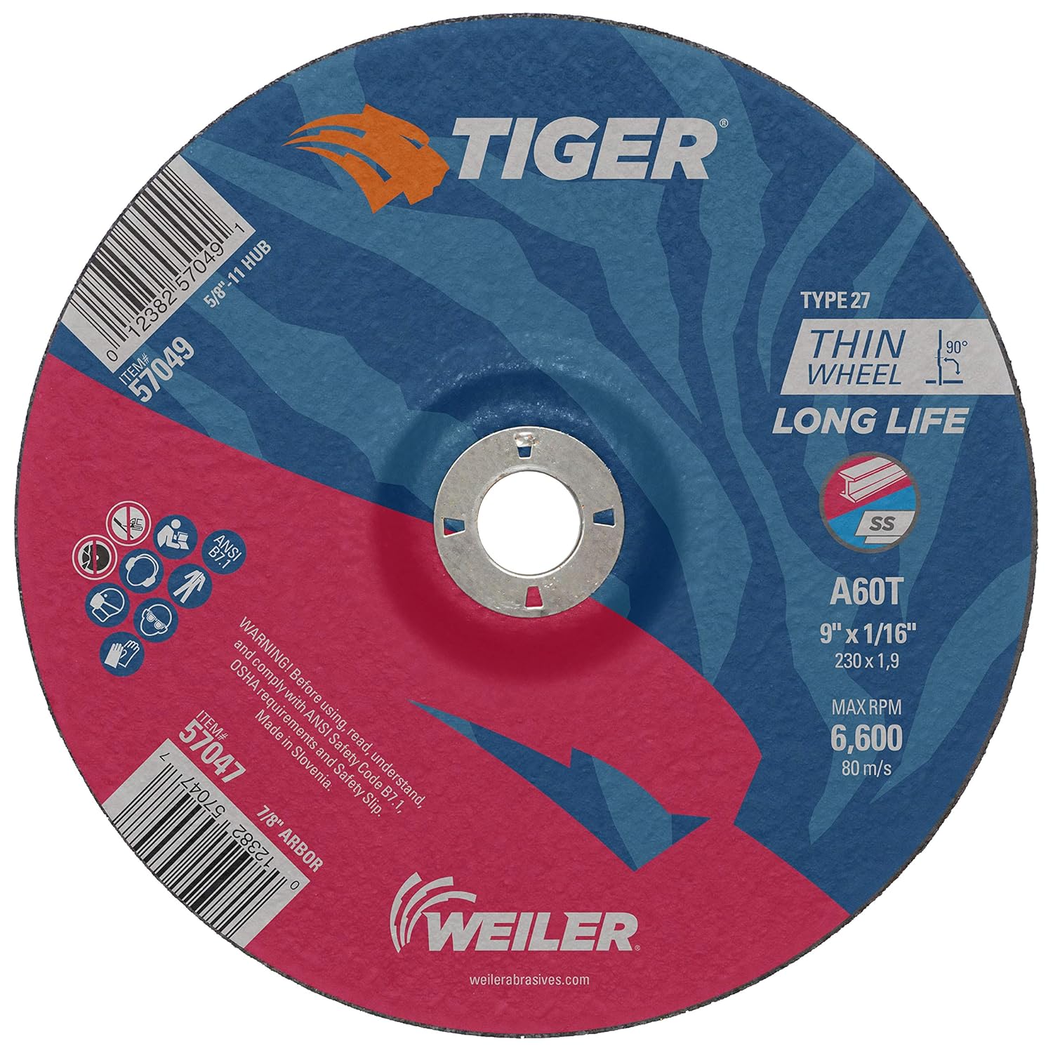 Weiler 57047 9 Inch Cutting Wheel, Tiger AO Steel/Metal Long Life Performance Cutting, 1/16" A60T Type 27 7/8" Arbor
