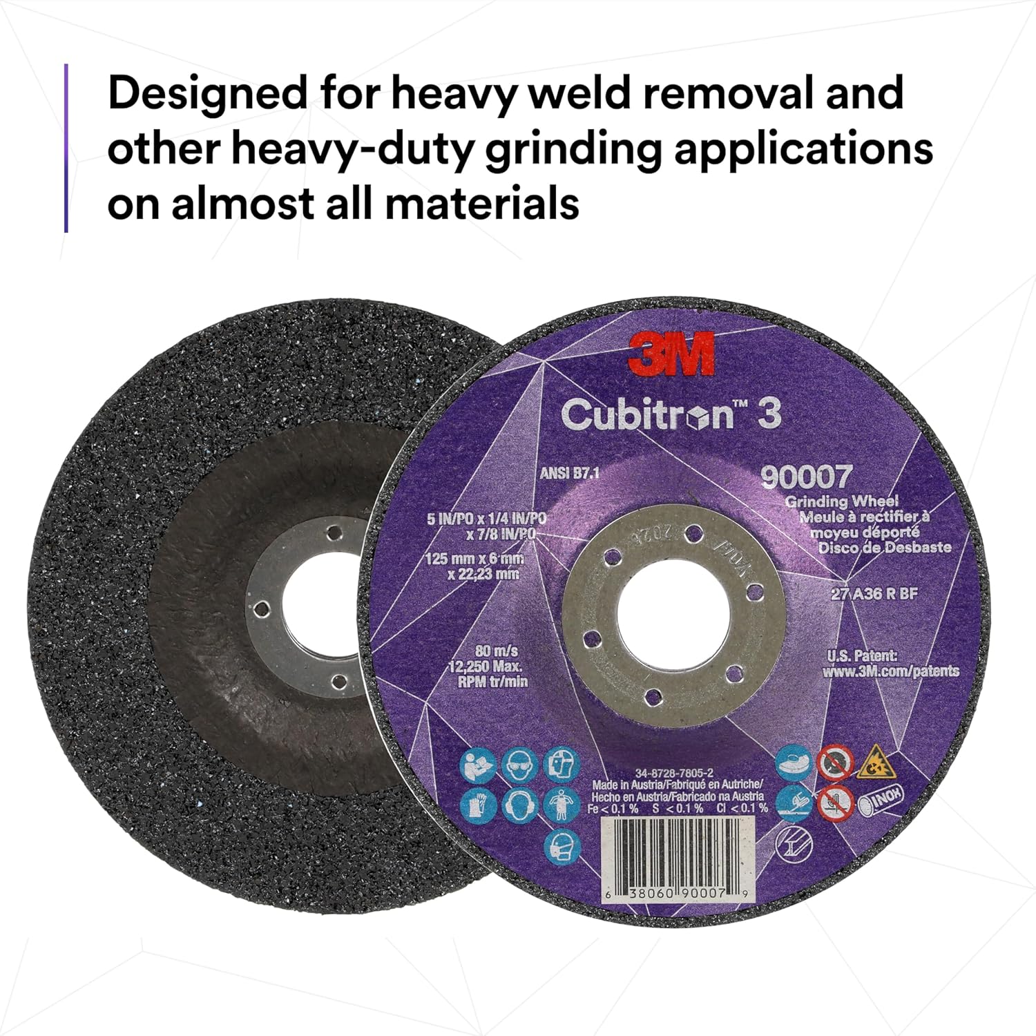 3M Cubitron 3 Depressed Center Grinding Wheel, 90002, 36+, T27, 4-1/2 in x 1/4 in x 5/8 in-11, Pack of 10, ANSI