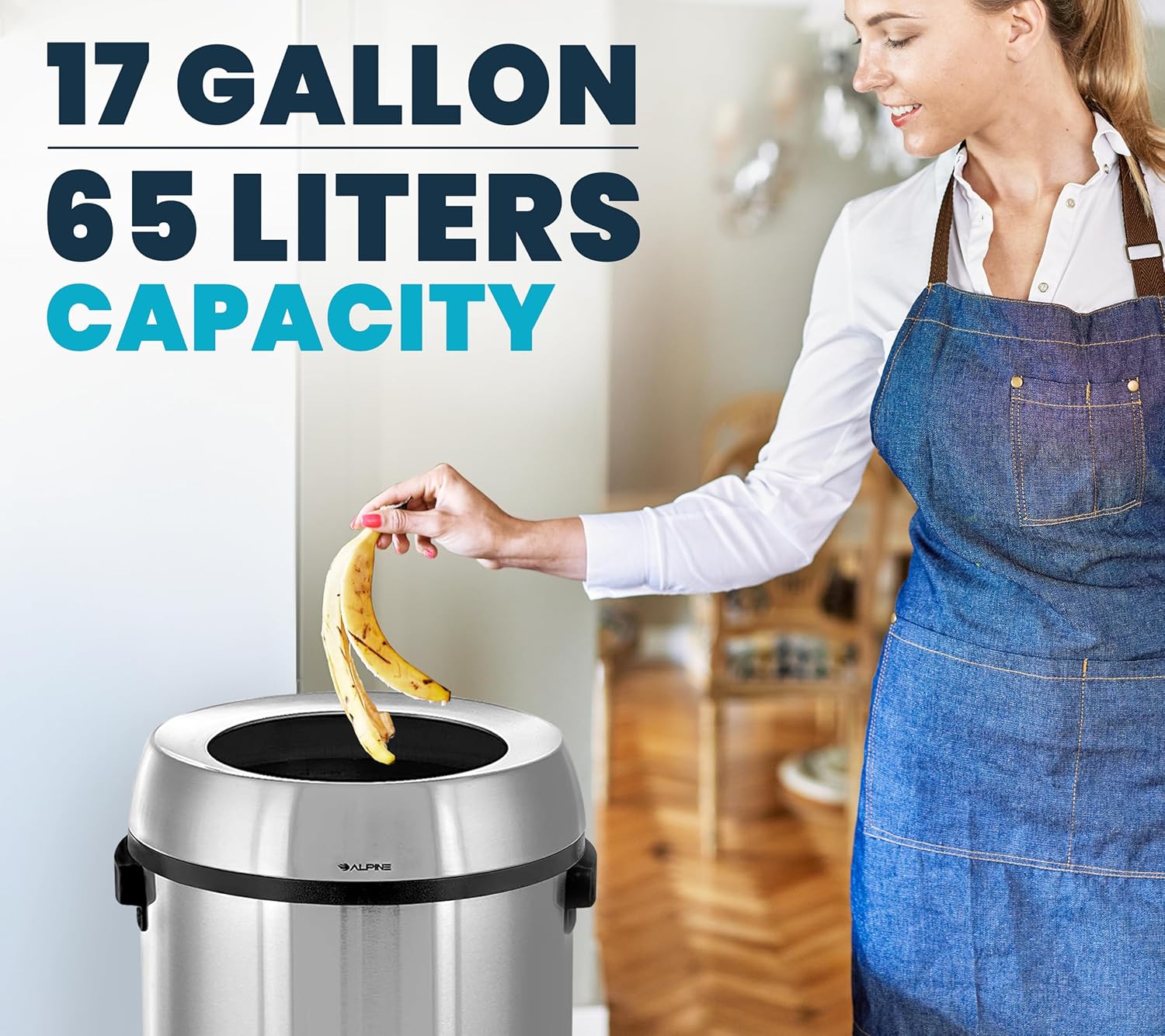 Alpine 17 Gallon Stainless Steel Open Top Trash Can – Commercial-Grade, Corrosion-Resistant, Brushed Finish