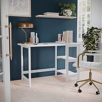 Martha Stewart Beckett Modern Trestle Desk with Open Side Shelving in White Wood Grain Finish