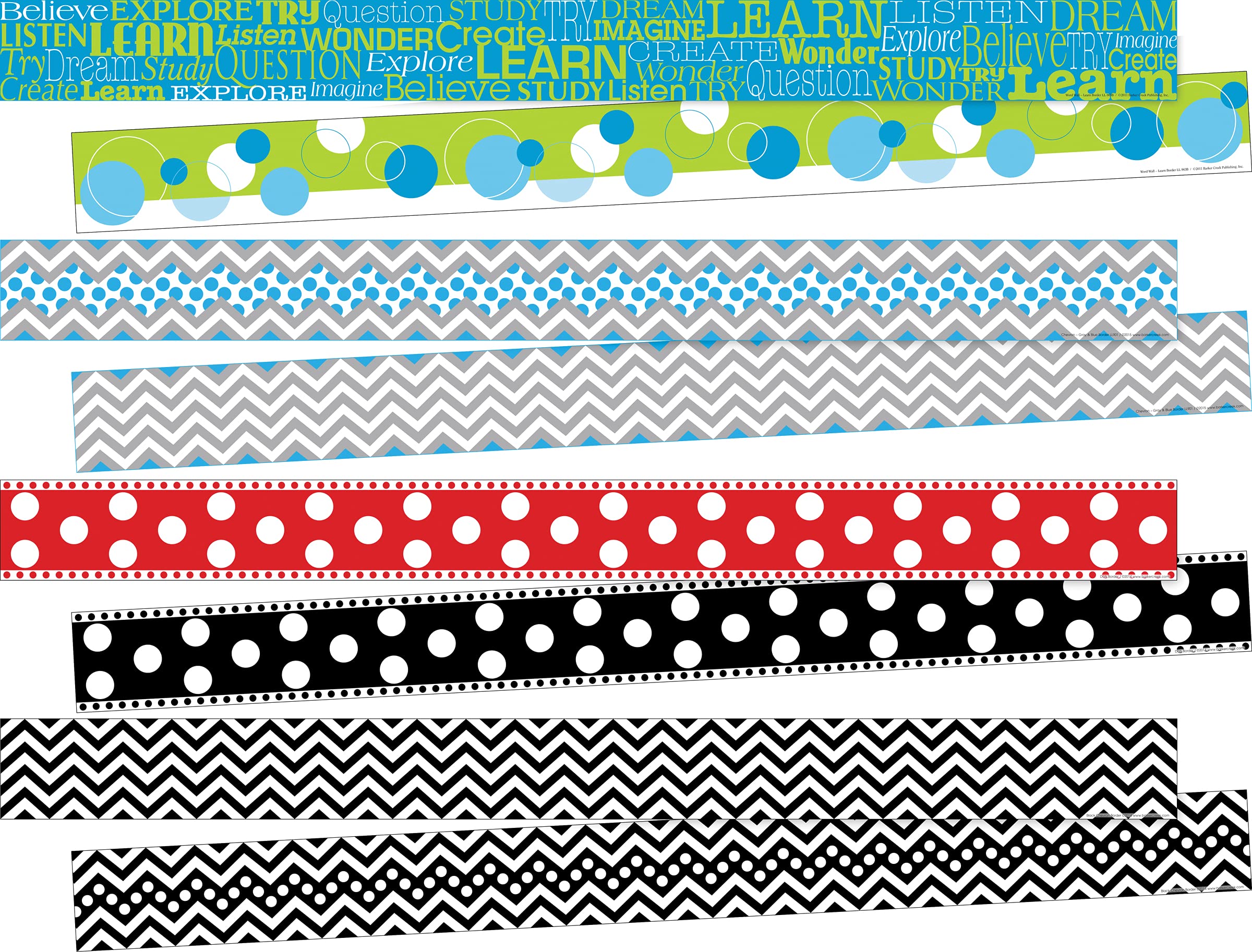 Barker Creek Double-Sided Trim Set of 4, Chevron & Dots, Mixed-Design, 140 feet of Double-Sided Trim