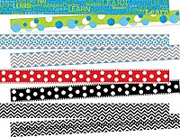 Barker Creek Double-Sided Trim Set of 4, Chevron & Dots, Mixed-Design, 140 feet of Double-Sided Trim - 35' Each of Four Designs, Gray Chevron, Word Wall Learn, Dots, and Black Chevron (3855)