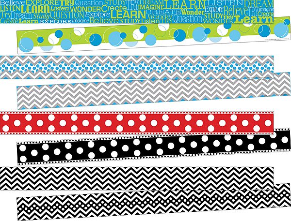 Barker Creek Double-Sided Trim Set of 4, Chevron & Dots, Mixed-Design, 140 feet of Double-Sided Trim - 35' Each of Four Designs, Gray Chevron, Word Wall Learn, Dots, and Black Chevron (3855)