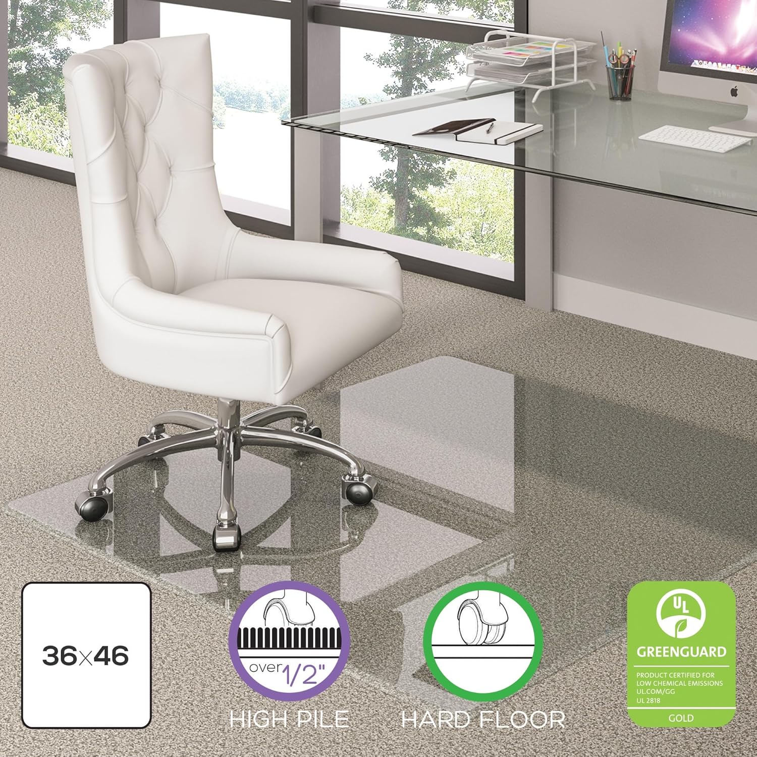 DEFLECTO Premium Tempered Glass Chair Mat, Rectangular, Clear