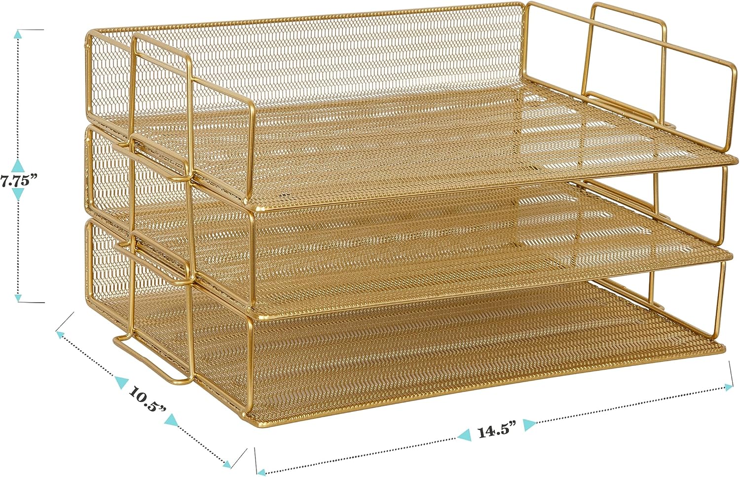 Martha Stewart Ryder 3 Tier Desk Letter Tray Organizer, Stackable Steel Mesh Inbox Tray for Files, Papers, or Letters, Gold