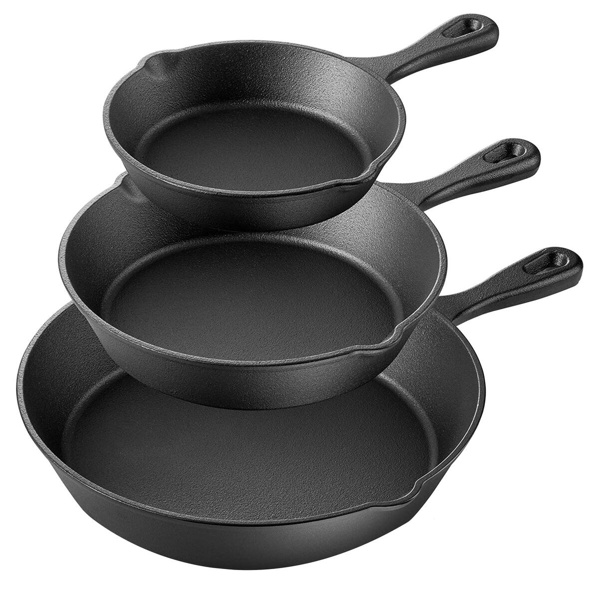 MegaChef Skillet Trio Pre-Seasoned Cast Iron Cookware Set, 3 Piece, Black