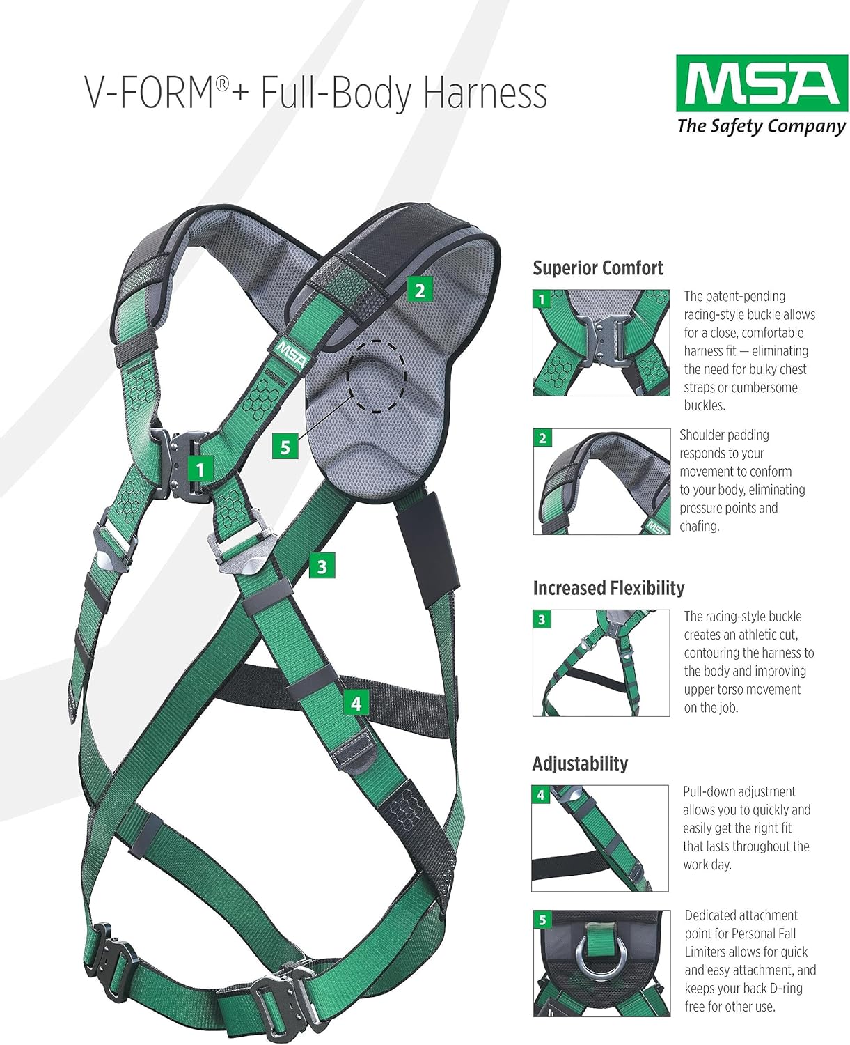 MSA 10206086 V-Form+ Full Body Safety Harness - Size: Extra Large, D-Ring Configuration: Back, Tongue Buckle Leg Straps