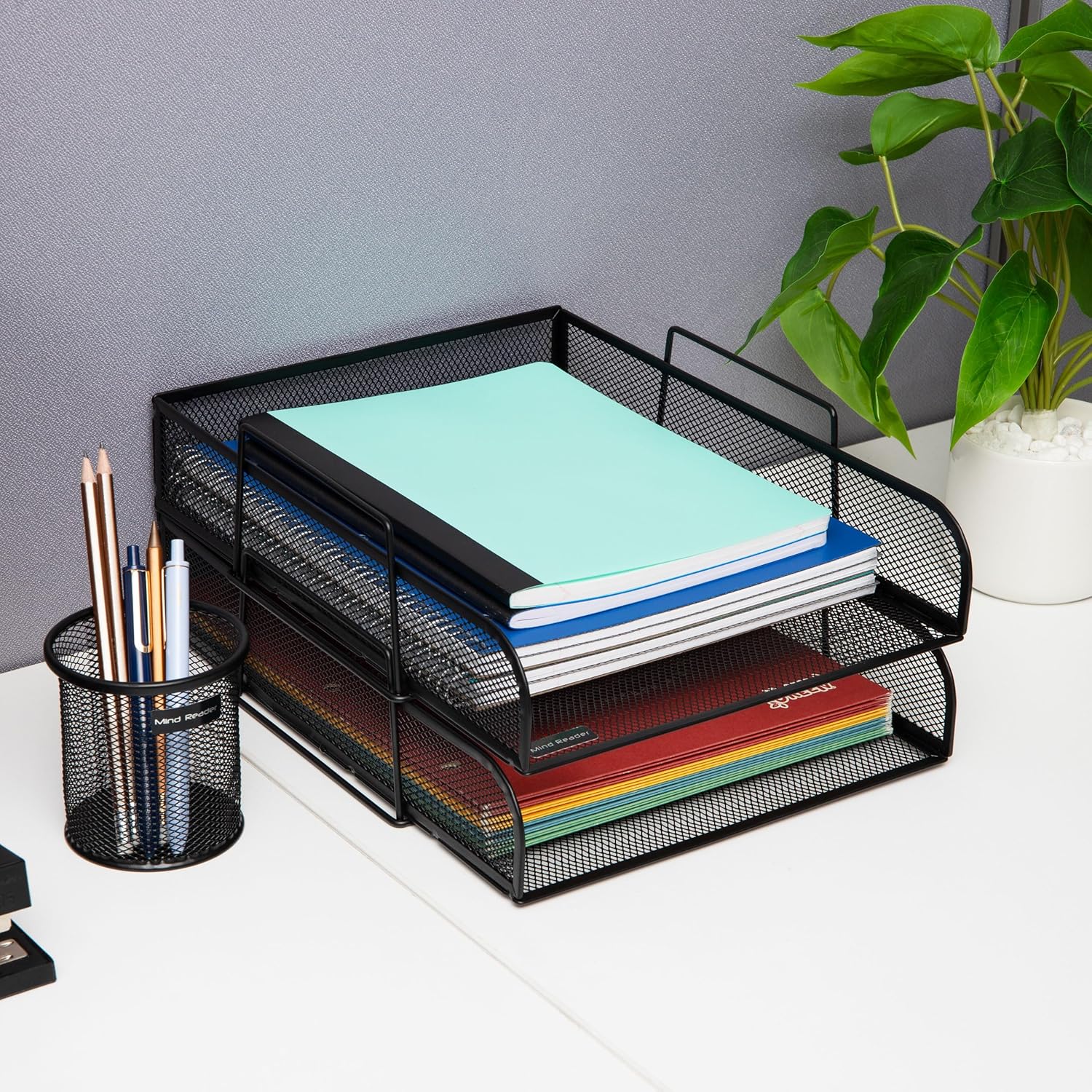 MIND READER 4-Tier Stackable Paper Tray Desktop Organizer, Metal Mesh