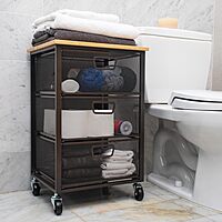 Mind Reader Cart with Drawers, Office Organizer, Storage, Bathroom, Metal Mesh, 15.75"L x 13"W x 24.25"H, Black 3-Drawers with Wood Top