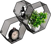 Mind Reader Hexagon Floating Shelves, Wall Decor, Honeycomb Accent Shelf, Office, Metal Mesh, 14" L x 4" W x 12" H, Set of 3