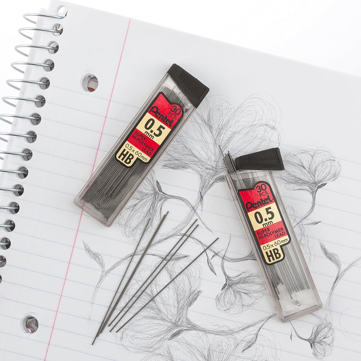 Pentel Super Hi-Polymer Leads, 0.5 mm, 2B, 12 Leads Per Tube, Pack Of 3 Tubes
