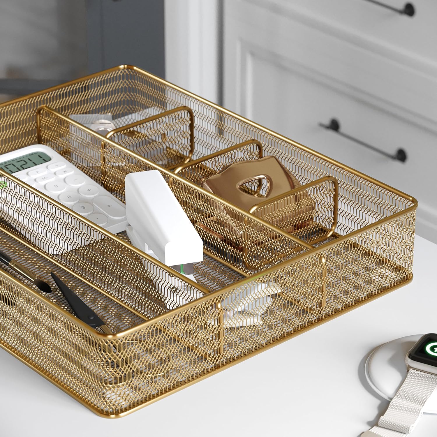 Martha Stewart Ryder Mesh Metal 6-Compartment Larger Desk Drawer Organizer, 2-1/4inH x 14-3/4inW x 12-1/4inD, Gold