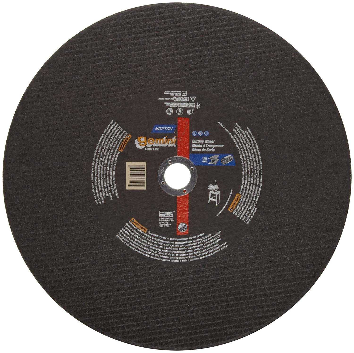 Norton Gemini Long Life Large Diameter Reinforced Abrasive Cut-off Wheel, Type 1 Flat, Aluminum Oxide, 5/8" Arbor