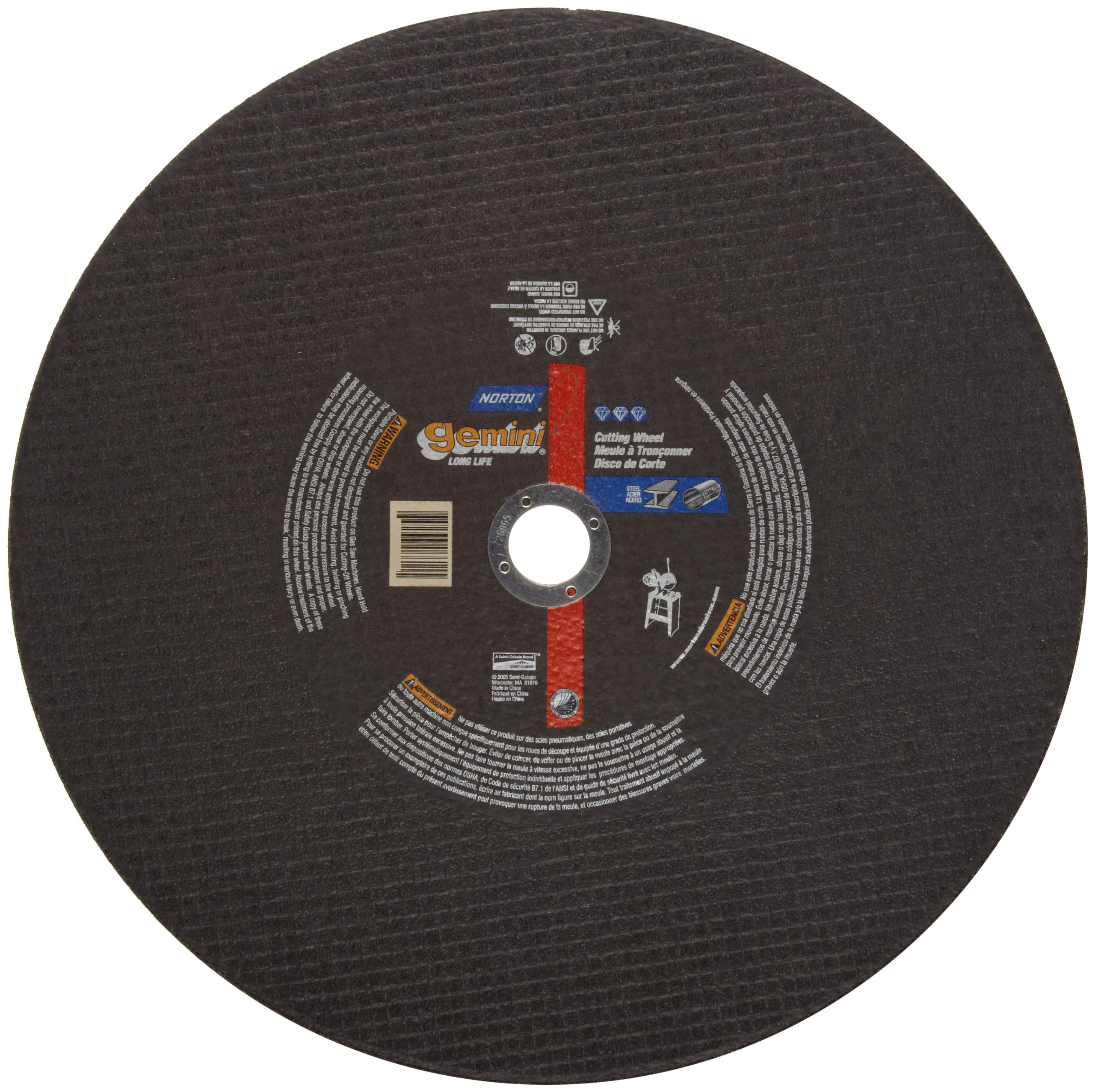 Norton Gemini Long Life Large Diameter Reinforced Abrasive Cut-off Wheel, Type 1 Flat, Aluminum Oxide, 5/8" Arbor