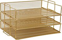 Martha Stewart Ryder 3 Tier Desk Letter Tray Organizer, Stackable Steel Mesh Inbox Tray for Files, Papers, or Letters, Gold