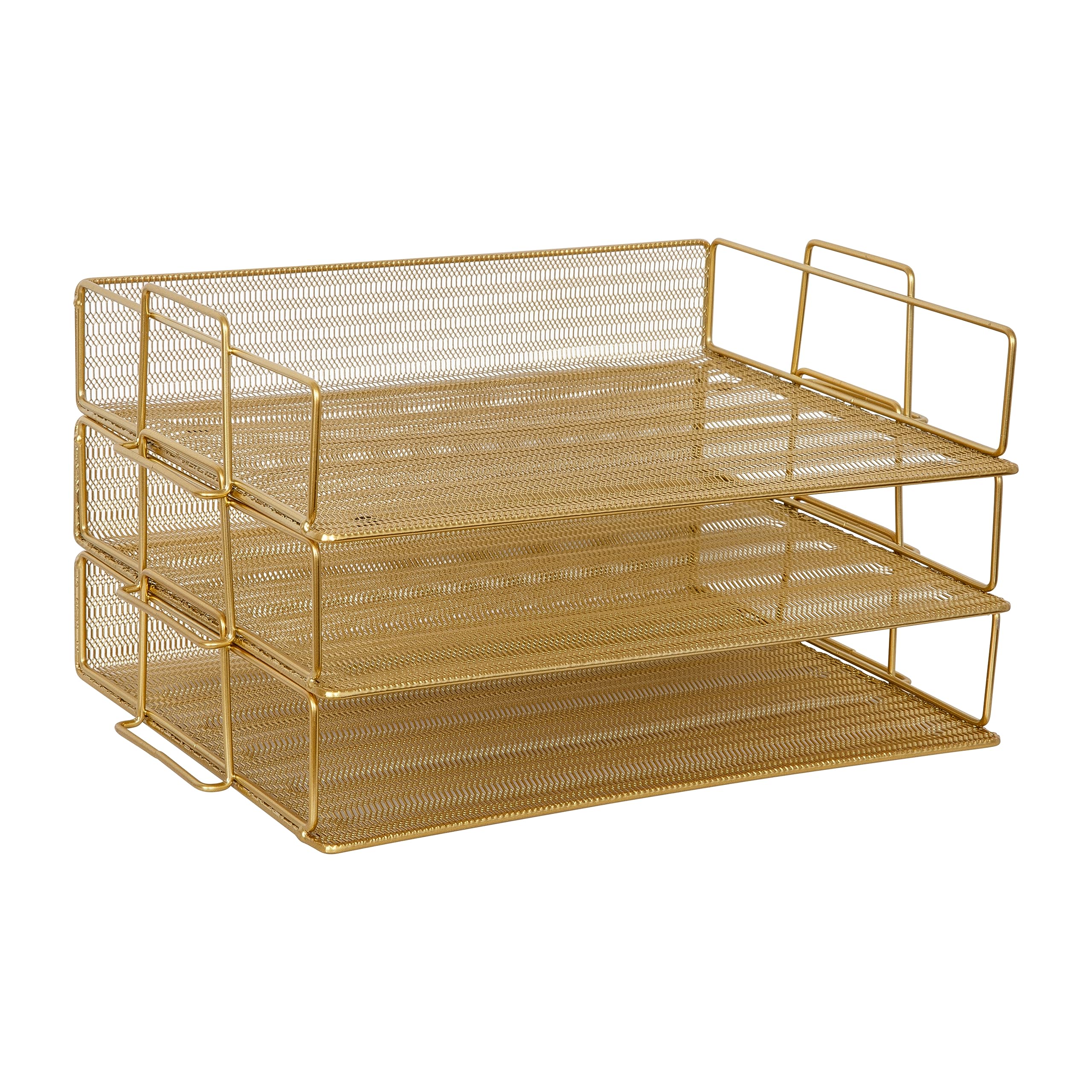 Martha Stewart Ryder 3 Tier Desk Letter Tray Organizer, Stackable Steel Mesh Inbox Tray for Files, Papers, or Letters, Gold