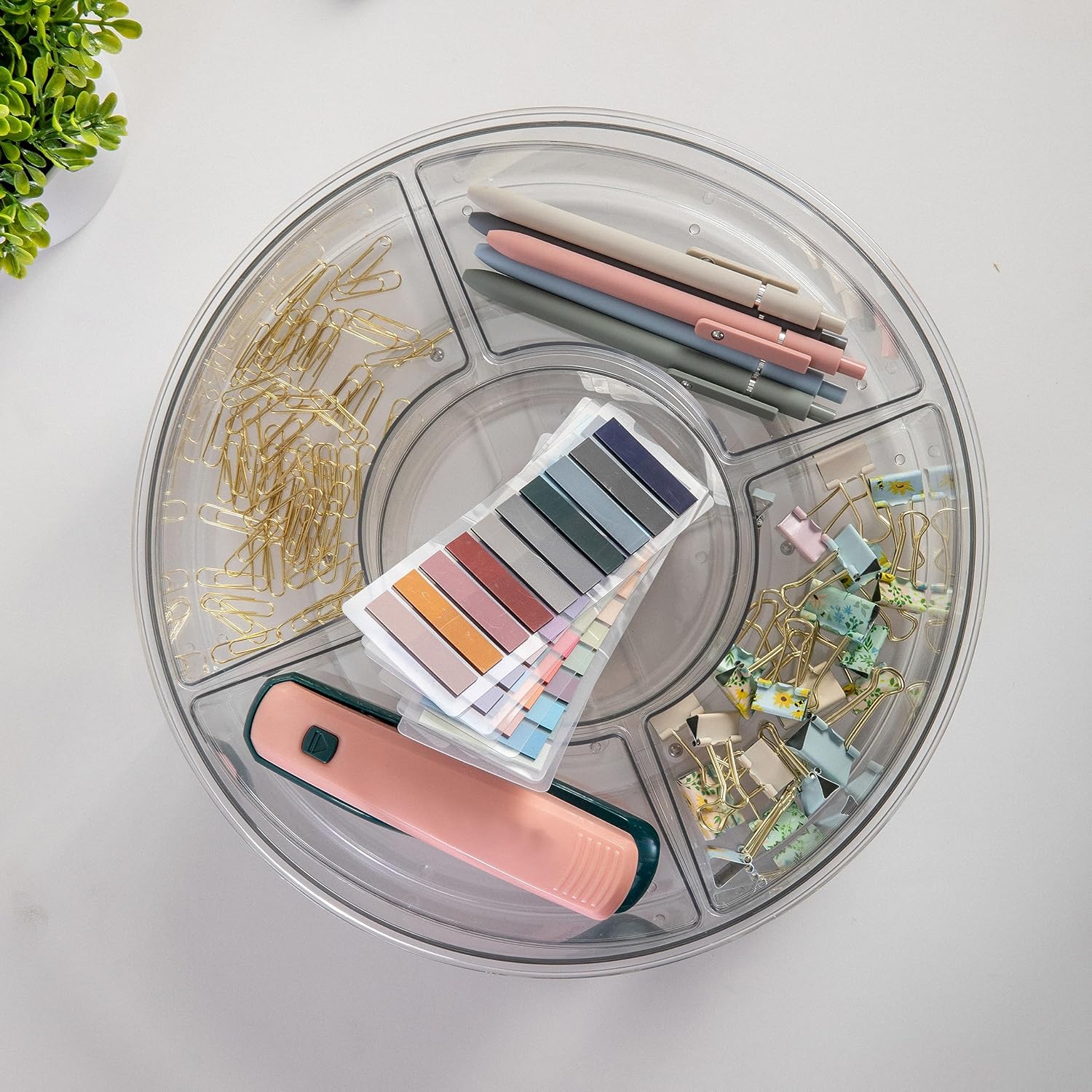 Martha Stewart Brody Divided Lazy Susan Organizer with 5 Removable Bins, Plastic 360° Rotating Desk Storage Organizer