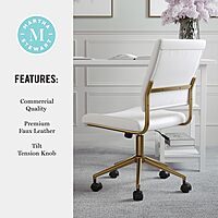 Martha Stewart Ivy Armless Swivel Task Chair in Faux Leather with Polished Brass Frame