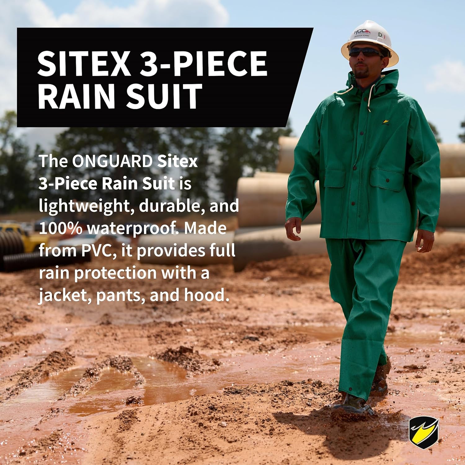 ONGUARD, Sitex 3 Pc Rain Suit, 100% Waterproof PVC, Lightweight and Durable, Green, 76600, Size 2XL US