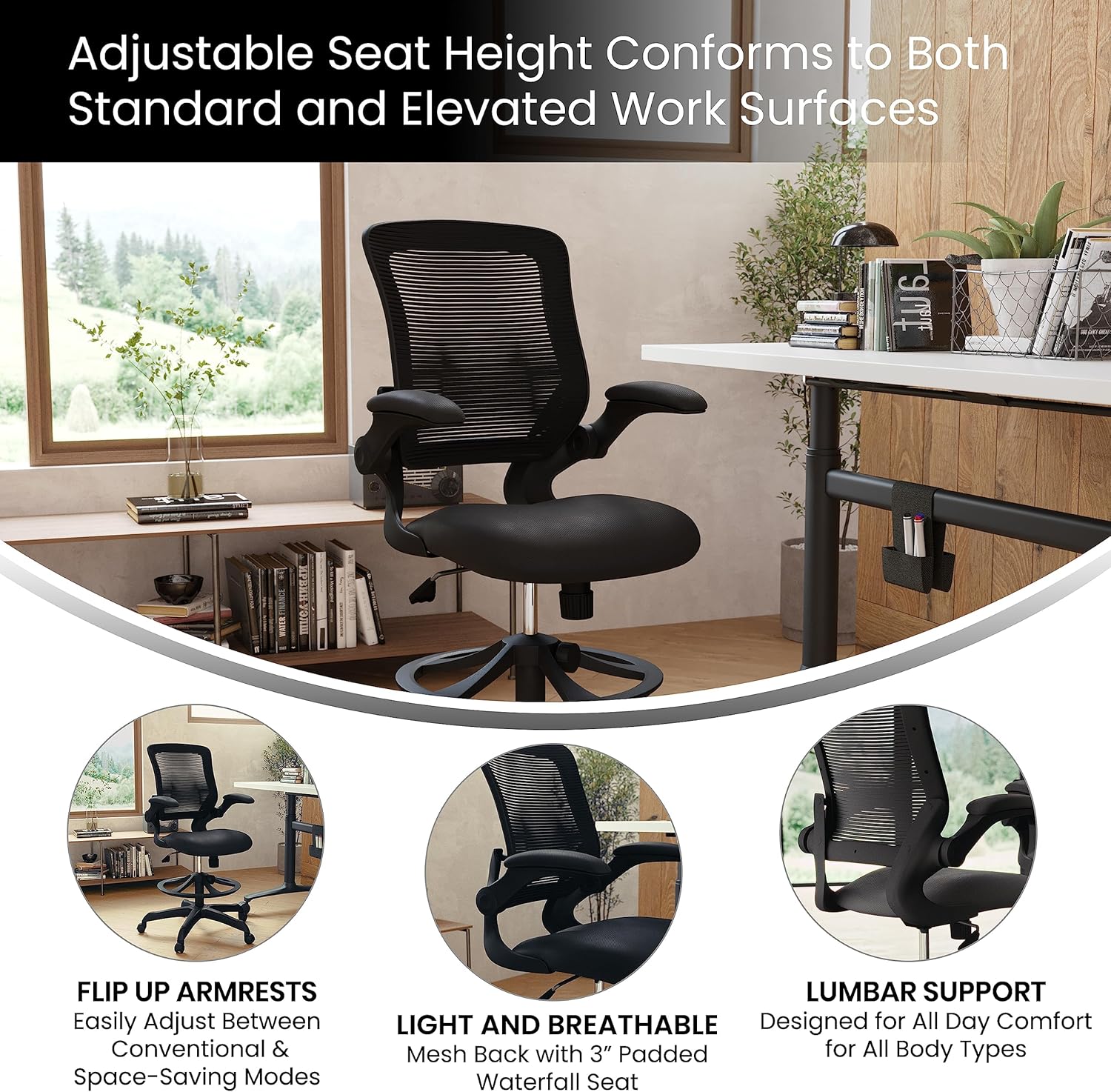 Flash Furniture Kale Mid-Back Swivel Office Chair with Adjustable Foot Ring, Lumbar Support, and Seat Height