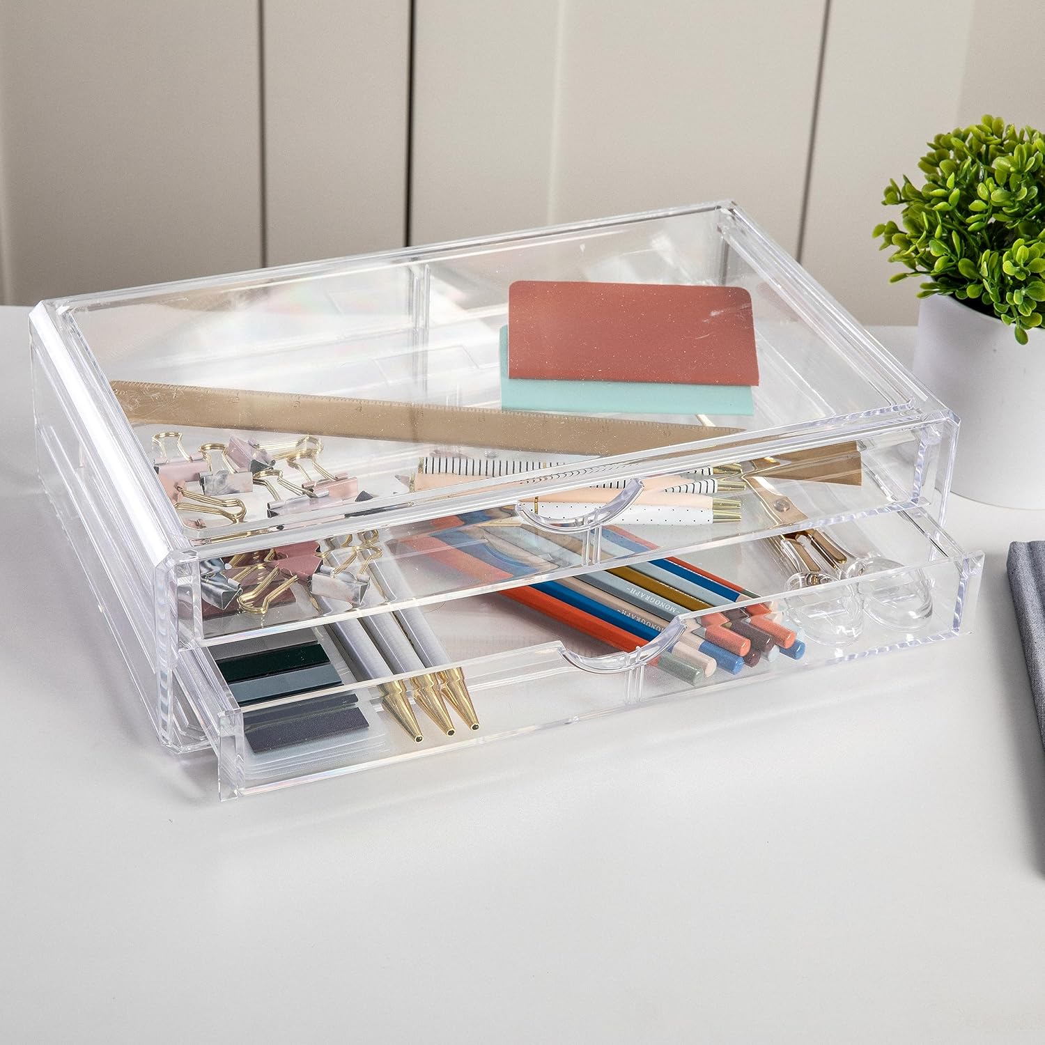 Martha Stewart Brody Desk Organizer with Drawers, Stackable Plastic Storage Box