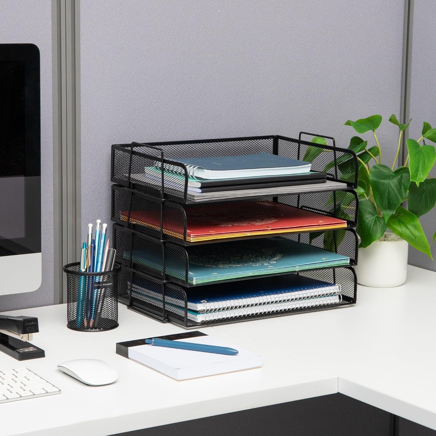 MIND READER 4-Tier Stackable Paper Tray Desktop Organizer, Metal Mesh