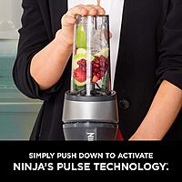 Ninja Fit Compact Personal Blender, Portable Blender for-Smoothies, Shakes, Food Prep, and Frozen Blending, 700-Watt Base, (2) 16-oz. Cups and Spout Lids, Black QB3001SS Push to blend