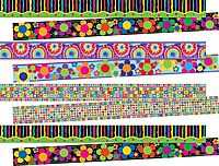 Barker Creek Double-Sided Trim Set of 4, Just Groovy, Mixed-Design, 140 feet of Double-Sided Trim - 35' Each of Four Designs, Neon Stripes, Tie-Dye, Neon Flowers, and Retro (3532)