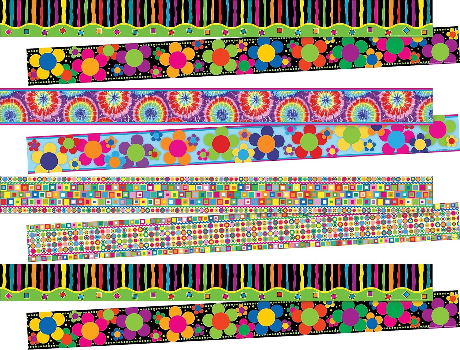 Barker Creek Double-Sided Trim Set of 4, Just Groovy, Mixed-Design, 140 feet of Double-Sided Trim - 35' Each of Four Designs