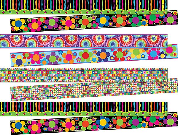 Barker Creek Double-Sided Trim Set of 4, Just Groovy, Mixed-Design, 140 feet of Double-Sided Trim - 35' Each of Four Designs, Neon Stripes, Tie-Dye, Neon Flowers, and Retro (3532)