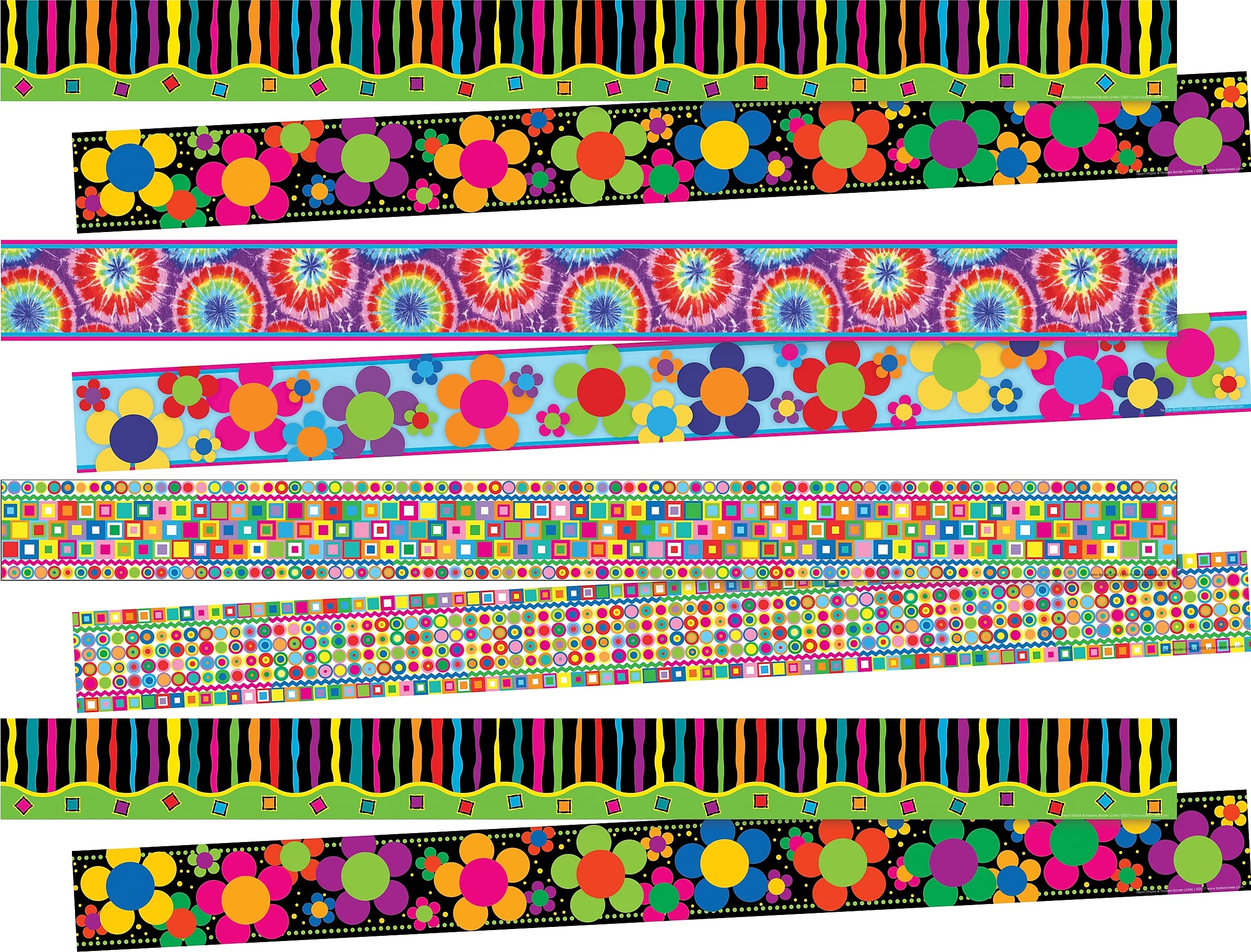 Barker Creek Double-Sided Trim Set of 4, Just Groovy, Mixed-Design, 140 feet of Double-Sided Trim - 35' Each of Four Designs