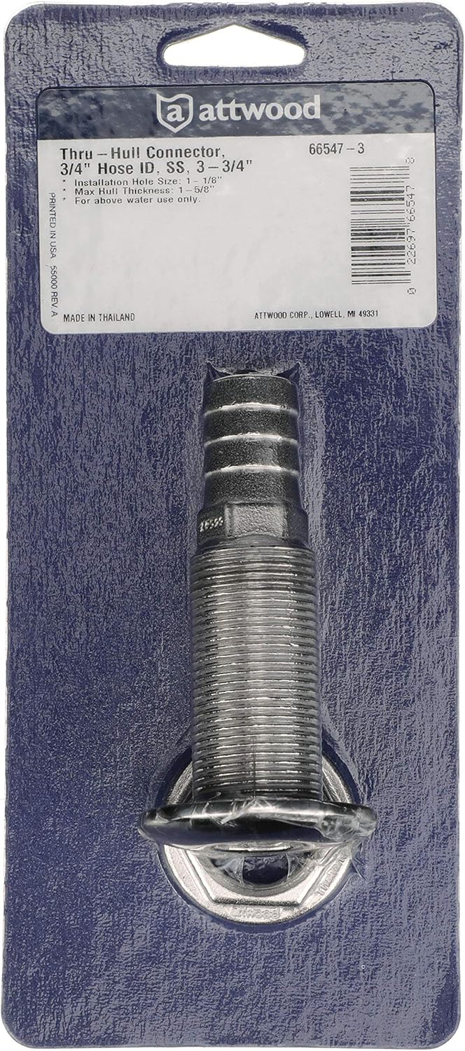Attwood 66547-3 Stainless Steel Straight Thru-Hull Valve Fitting, Barbed, Standard Length