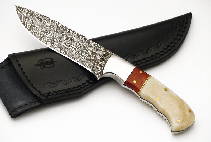 BucknBear Custom Handmade Damascus Fixed Blade Hunting Knife (Micarta & Bone Handle)